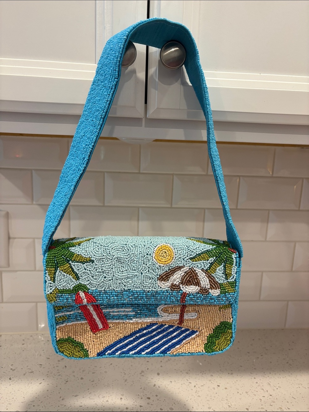 Hand-Beaded Beach Scene Shoulder Bag in Turquoise